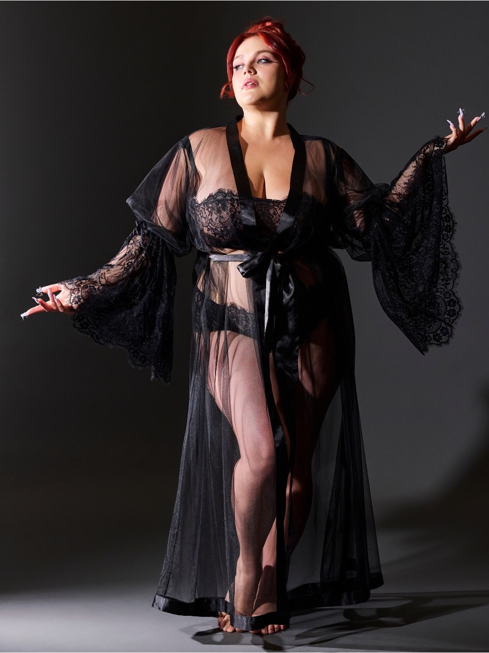 Thistle and Spire Sheer Black Lace-Trim Long Robe with Satin Tie